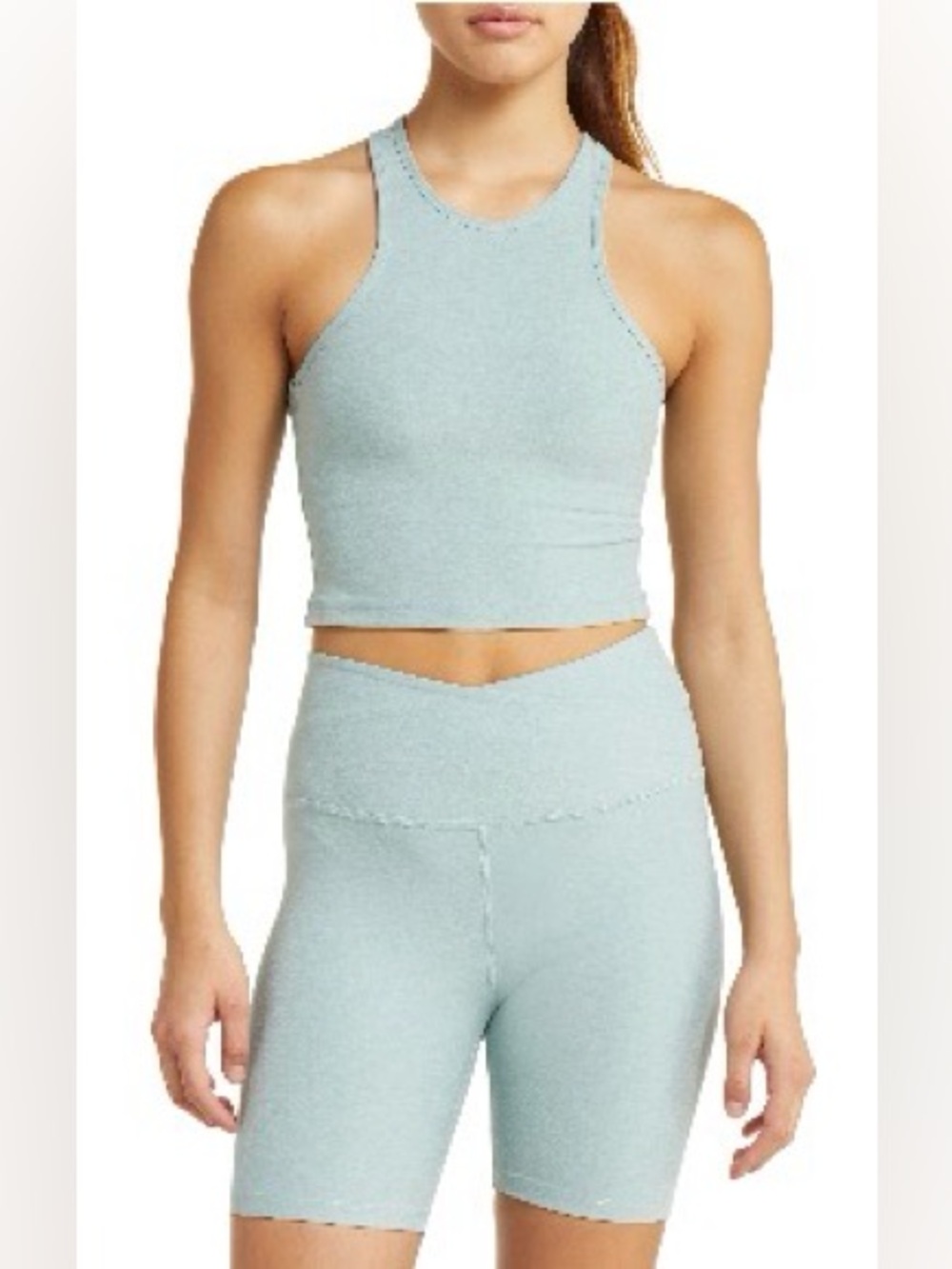 NWOT Beyond Yoga Set: Crop Tank + High Waist Bike Short Spacedye Fresh Sage L/XL